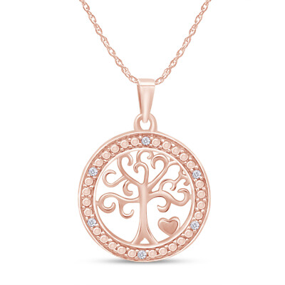 Round Natural Diamond Accent Tree Circle Pendant 18'' Necklace in 10K Rose Gold