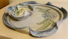 Studio Pottery Hand Thrown Blue Green Chip Dip Veggie Tray Serving Dish Signed