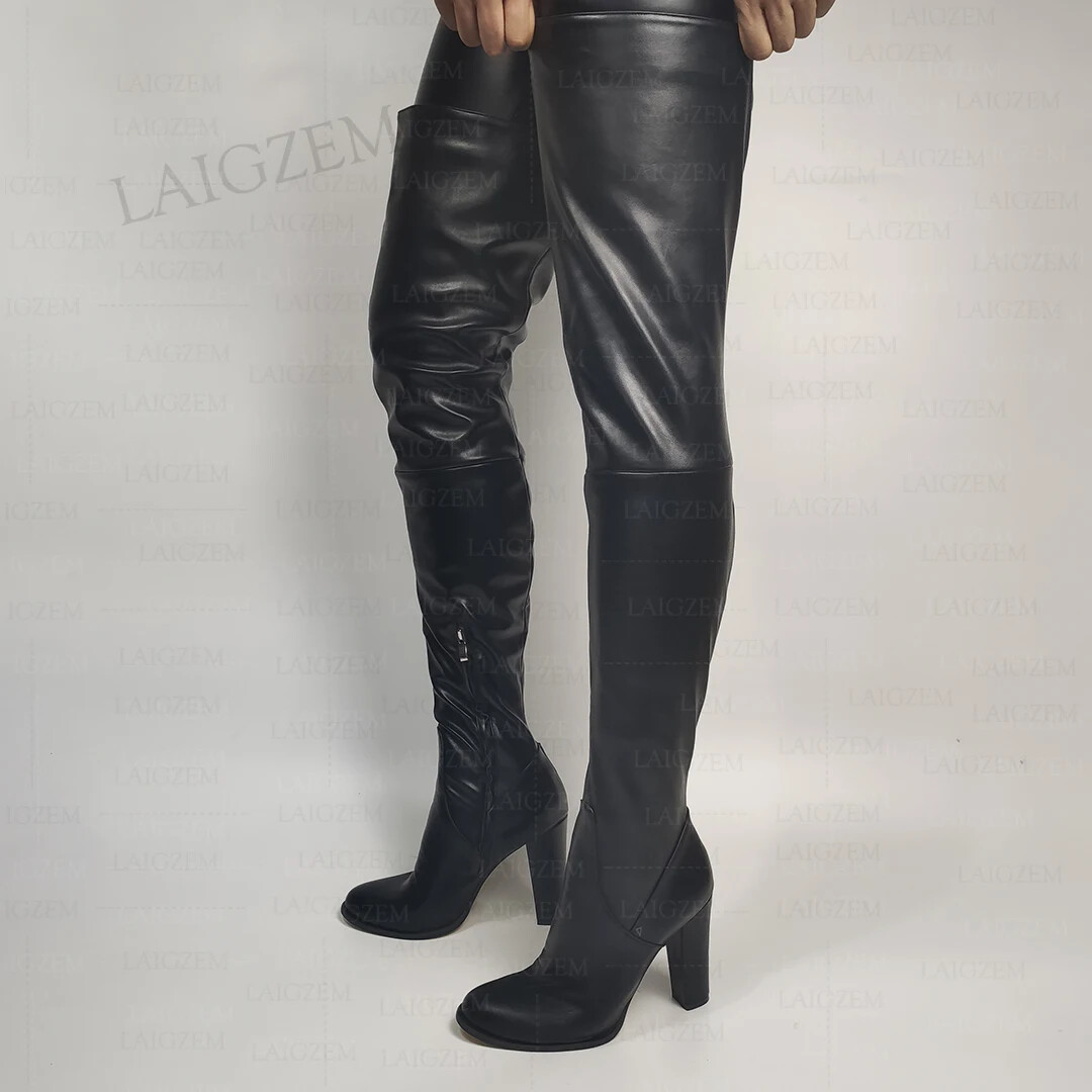 Women Thigh High Boots Round Toe Thick High Heels Boots Over Knee Faux ...