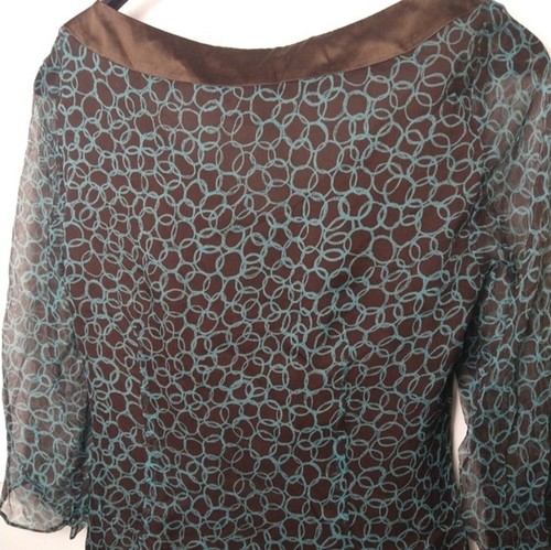 W.D.N.Y woman 4 blouse brown and teal circle semi sheer panel sheer sleeve - Picture 9 of 9