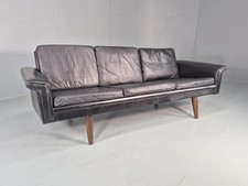 1960s 3-seater sofa Danish Design Black Leather Mid Century Retro Teak  EB10279