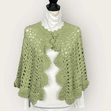 Y2K Women Green Boho Crochet Cape Shawl One Size OS Cottagecore Open Knit Poncho