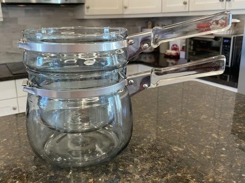 Pyrex Flameware Glass Double Boiler 6763-L Sauce Pan 1 1/2 Qts Original