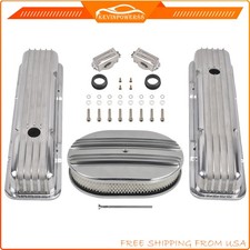 Polished Short Valve Covers 12 Oval Half Finned Air Cleaner For 58-86 Sbc Chevy