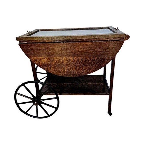 Antique Tiger Oak Tea Cart Server Cart with Removable Glass Tray Top