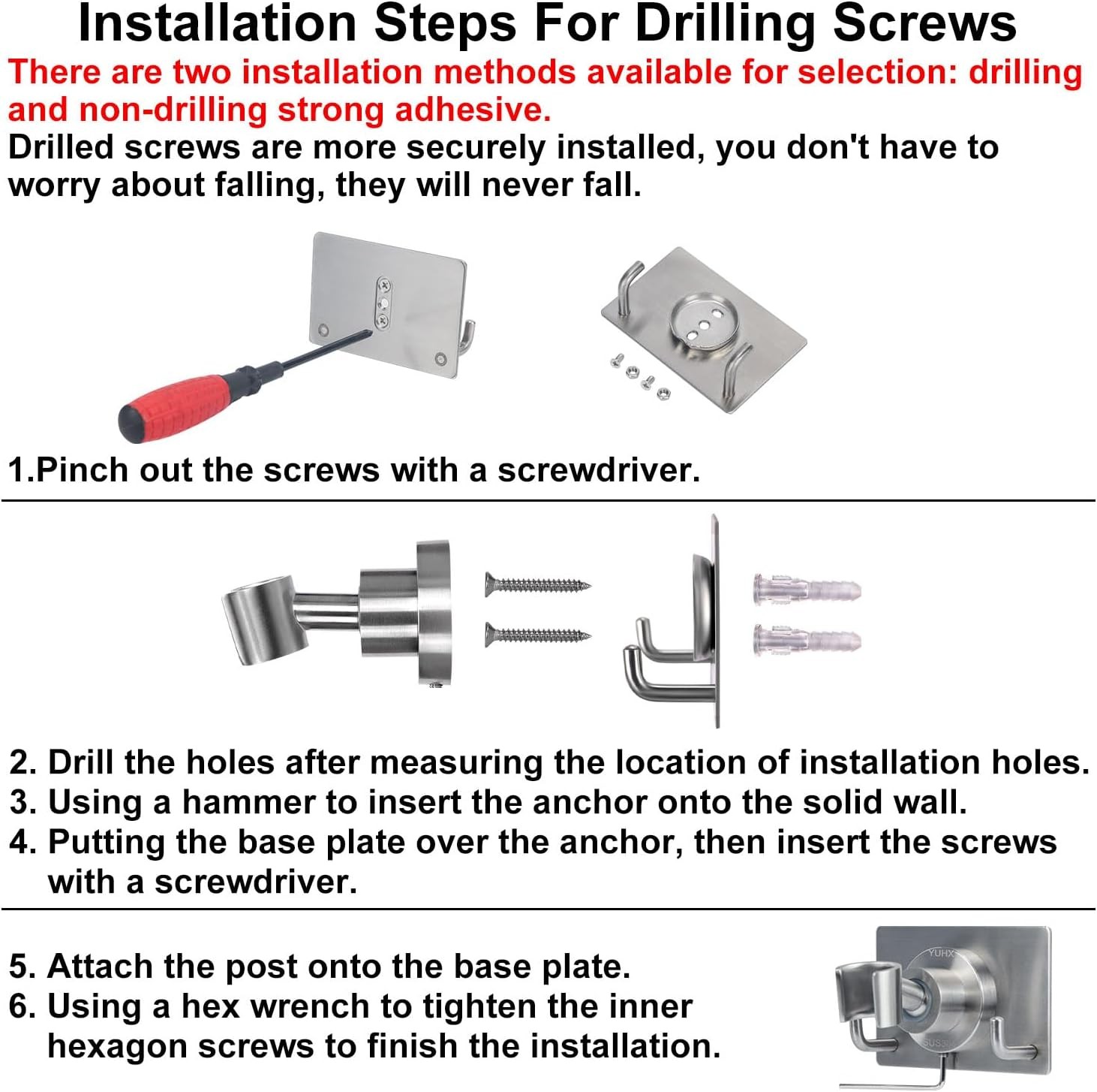 Shower Head Holder All Metal Strong Adhesive and Drilling Screws TwoInstallation