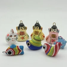 Hecho En Mexico Angels Bells Clay Piggy Bank Tonala Thread Ornaments Set 8 Small