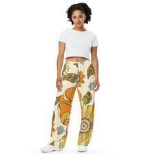 Women's Vintage Blossom Wide-Leg Pants - Colorful Patterned High-Rise Pockets