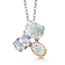 925 Silver and 10K Yellow Gold White Opal White Topaz and White Moissanite