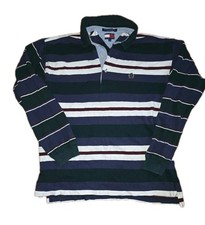 Vintage Tommy Hilfiger Long Sleeve Rugby Polo Shirt Striped Green Size L 90s Y2K