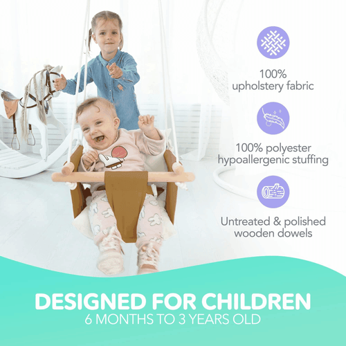 Ocker Canvas Babyschaukelstuhl Holz Hängesitz mit Sicherheitsgurt robust und - Bild 2 von 7