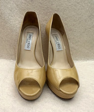 Jimmy Choo Beige Patent Leather Peep Toe Platform Stiletto Pumps EU 35
