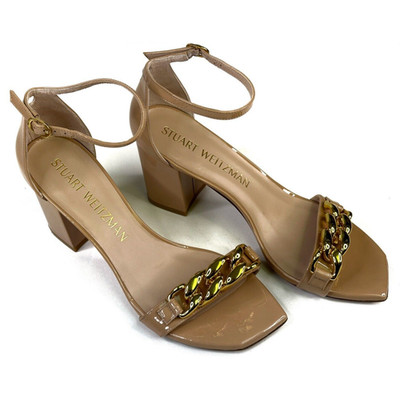 Stuart Weitzman Amelina Golden Chain Block Heel Sandals Size 11B Ankle Strap