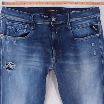 Mens Replay M914 ANBASS Stretch Slim Tapered Blue Jeans W34 L32