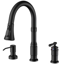 3 Hole Black Kitchen Faucet with Soap Dispenser, Stainless Steel Vintage Pull...