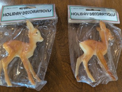 Two Vintage New 3-inch Deer Holiday Decorations Plastic 1978