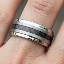 9mm Men s Tungsten Ring Brushed Silver Band with Black Carbon Fiber Inlay