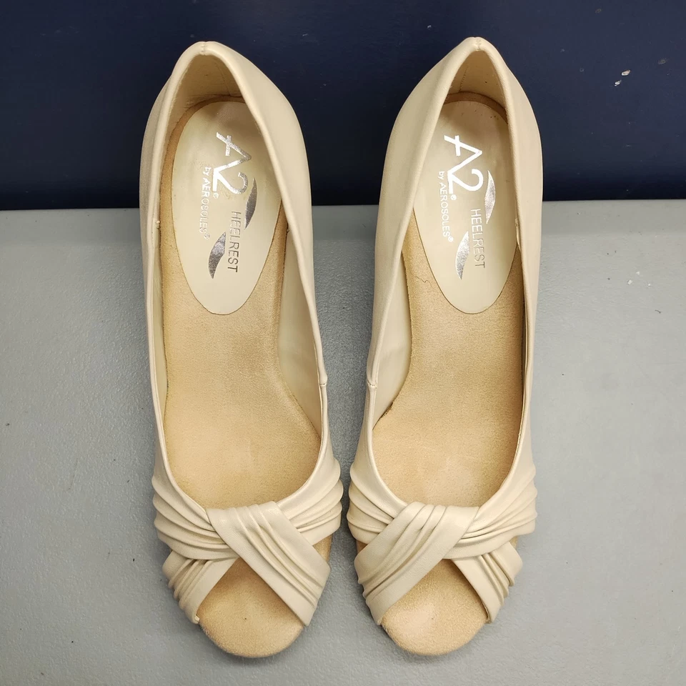 A2 by Aerosoles Deluxe Dress Pump Heels Womens US 8M Tan Brown Peep Toe Slip On - Image 3 of 4