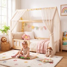 SLSY Convertible Wooden House Bed for Toddlers, 2-in-1 Floor Bed with Rails