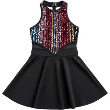 Weissman IC Kids Sequin Rainbow Stripe Dance Costume Skater Dress Black Jazz