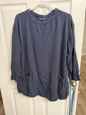 Ecote Linen Blend Tunic Top Navy Blue Oversized Boho Lagenlook Pockets Medium