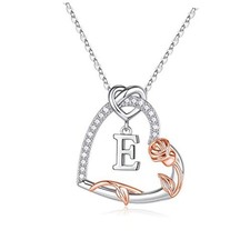 Rose Heart Initial Necklaces Gifts for Women Teen Girls, Silver Plated Heart E