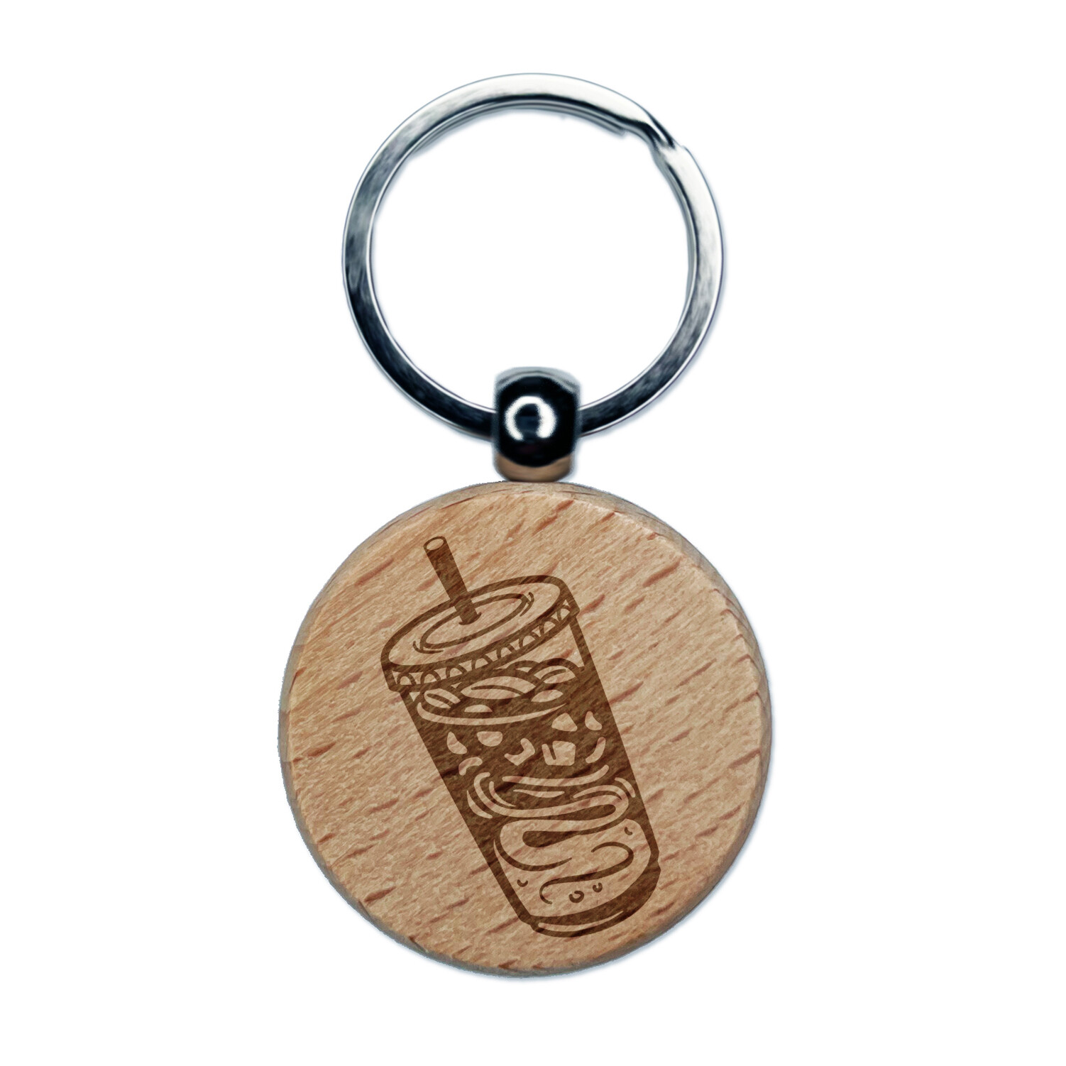 Iced Coffee To Go Engraved Wood Round Keychain Tag Charm