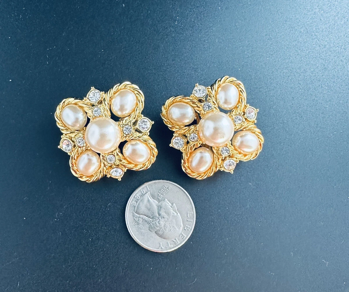 Large JOAN RIVERS Imitation Pearl Rhinestone Clip Earrings