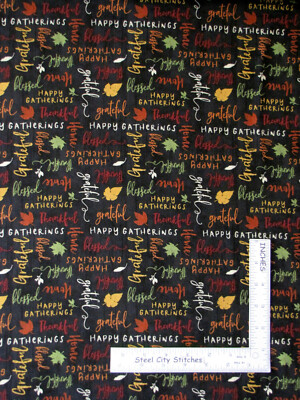 Happy Gathering Grateful Blessed Word Black Cotton Fabric Wilmington By The Yard