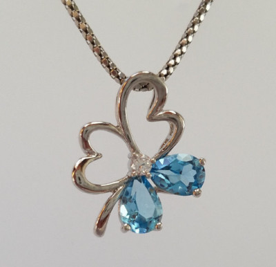 ECHTER BLAUTOPAS EDELSTEIN 925 STERLING SILBER KLEEBLATT HERZ DAMEN ANHÄNGER