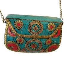 Mosaic Clay Turquoise Coral Red Brass Floral Mandala Pattern Clutch Purse