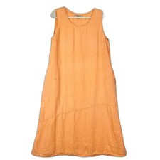 Flax Linen Midi Dress Size Medium Oragne Lagenlook Beach Vacation Pockets