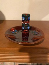 VTG Red Ware Hand Painted Totem Pole Brown Glazed Ashtray MINT