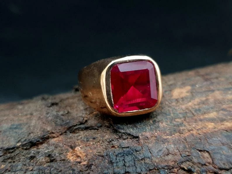 Men's 2Ct Natural Cushion Red Ruby Engagement Ring 14k Yellow Gold Plated Silver - Image 4 of 4