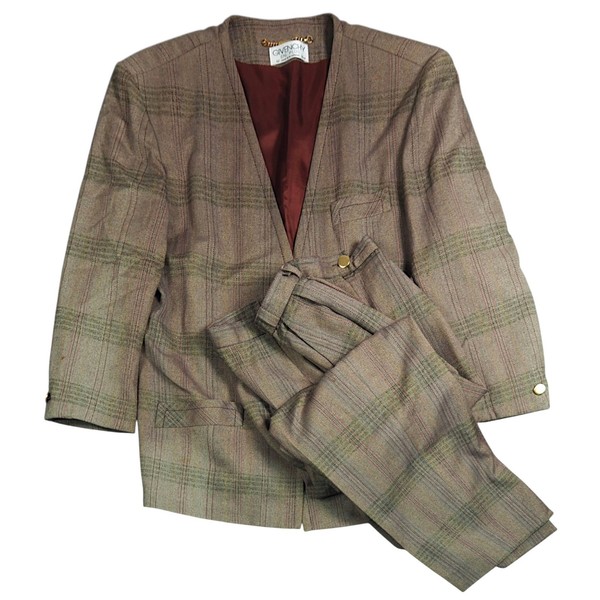 80er Jahre Givenchy Damen Zweiteiler Anzug 42 kariert Blazer & Hose braun Wollmischung Keim