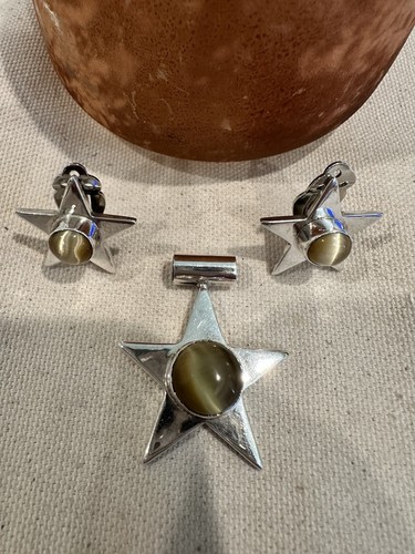 Vintage Taxco Mexican sterling silver star pendant & Earring with tiger eye gems