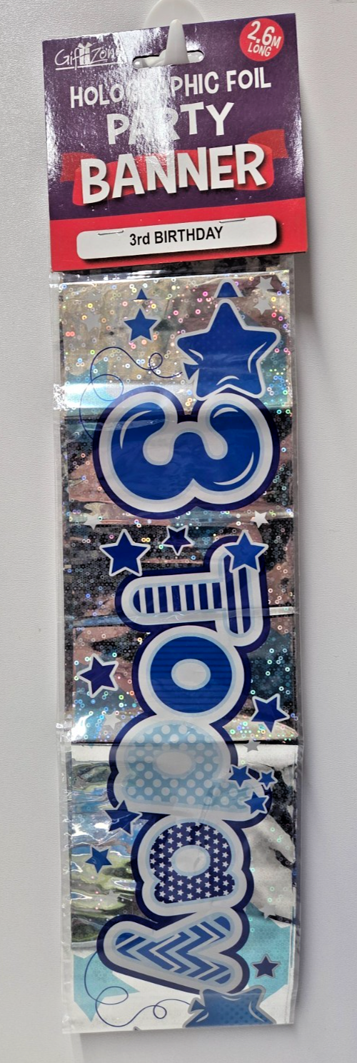 Age 3 Happy 3rd Birthday Today Blue Silver 2.6m foil Banner Party Holographic