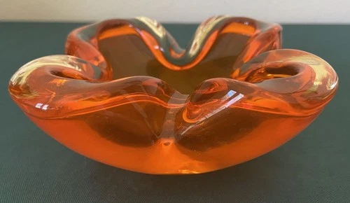 Murano Glass Orange Bowl Ashtray Vintage 4.5" Fluted Edge Gorgeous