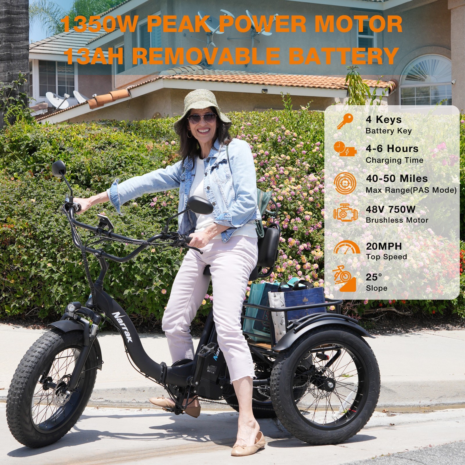 Narrak Electric Folding Tricycle, Etrike 750W Motor 48V13Ah Removable Battery