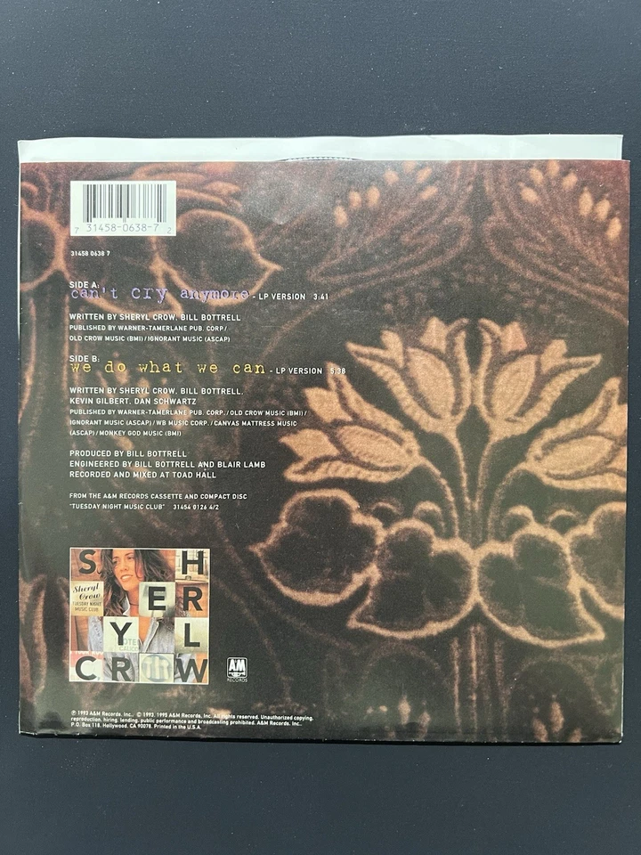 Sheryl Crow – Can't Cry Anymore - 1995 - A&M Records 31458 0638 7 7" Single Muito Bom+ - Imagem 2 de 4