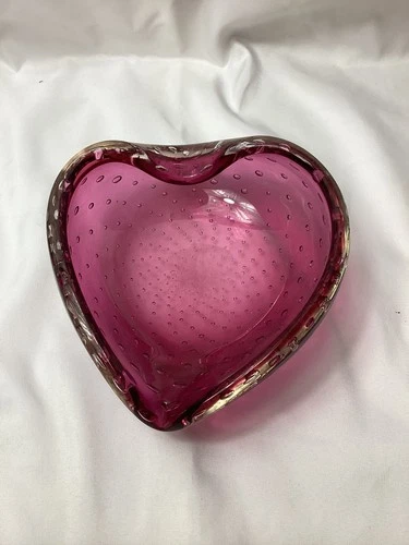 Vintage Murano Art Glass Bowl Dish Ashtray Cranberry Purple Controlled Bubbles