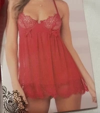 NEW Sz M Sexy Red 2pc Baby Doll Chemise Nightie & Thong Lacey Peek A Boo