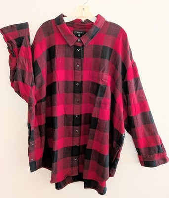 4X Madewell Flannel Shirt Cotton Red Black Buffalo Plaid Oversized Side Button