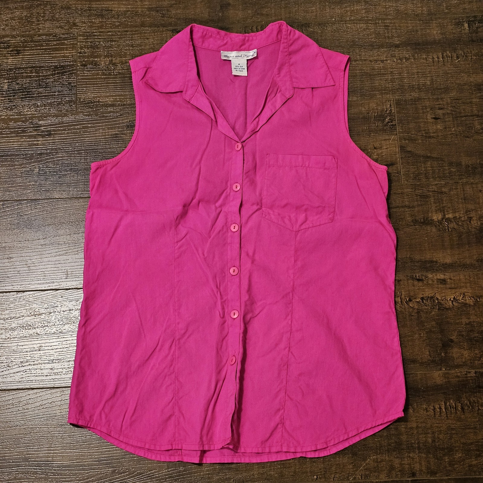 Anna and Frank Women’s Medium Pink 100% Silk Sleeveless Button Blouse Classic