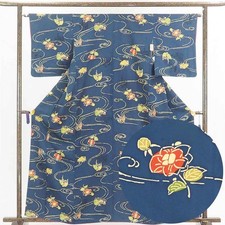 Recycled Komon Silk Kimono Navy Flowing Water Pattern Lined M