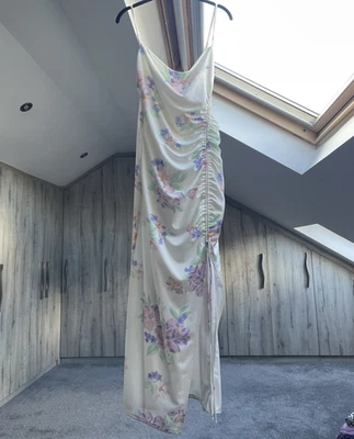 Zara Ivory Floral Maxi Dress Cowl Neck Ruched Side Slit Strappy Size M - Image 1 of 3