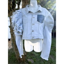 Womens 3XL Asymmetrical Ruffle Sleeve Denim Jacket Cropped Light Wash Oversized