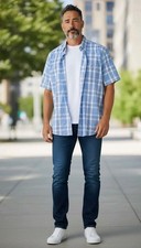 Wrangler Authentics Men s Short Sleeve Plaid Button Down Shirt Blue White SZ XL
