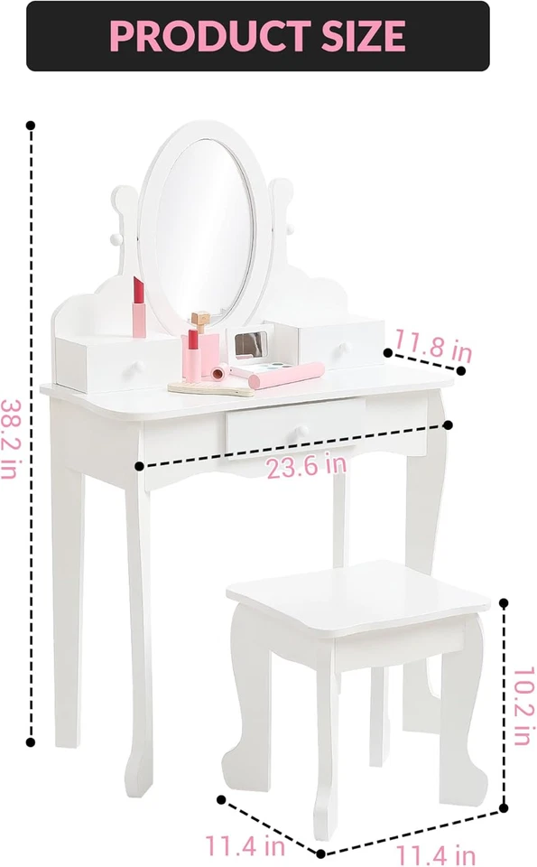 Kids Vanity Set with Mirror & Stool - Wooden Princess Makeup Dressing Table, Adj - Image 2 of 4
