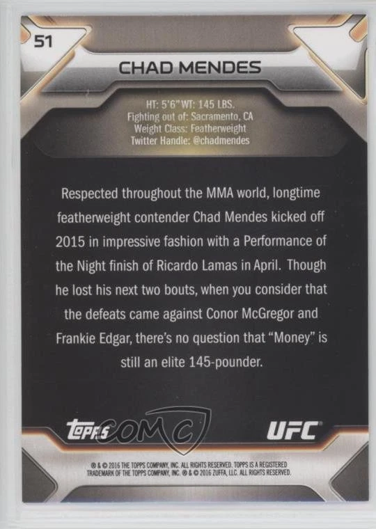 2016 Topps UFC Knockout Chad Mendes #51 - Image 2 of 2